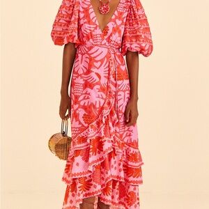 FARM Rio Pink and Orange Midi Dress
